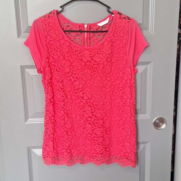 New York & Company Tops - New York & Company Coral Lace Short Sleeve Blouse